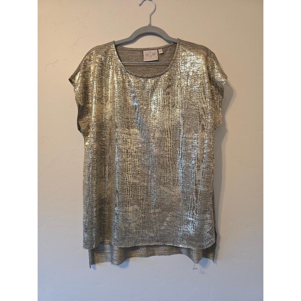 Dantelle Metallic Gold Shimmer Tunic Top Women’s Large Glam Party Hi Low Blouse